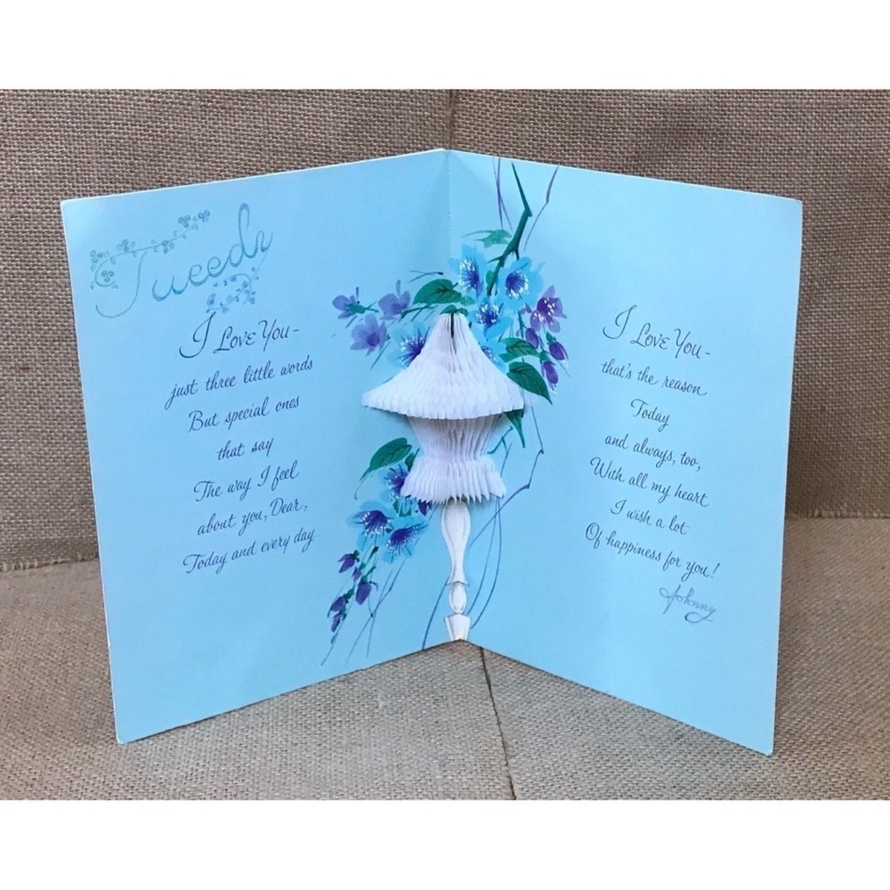 Vintage Gibson Pop Out Honeycomb Used Wife Birthday Card Blue Floral Ephemera